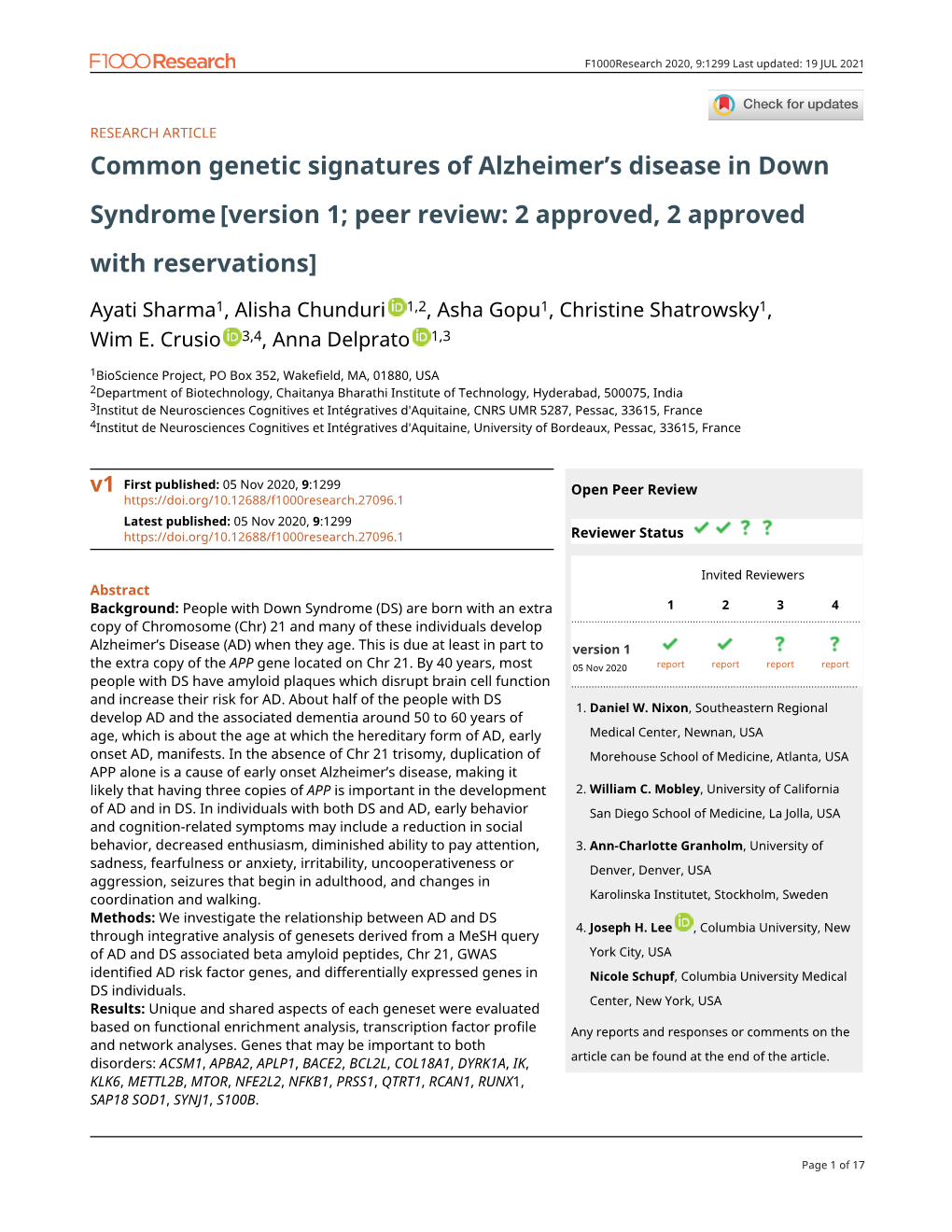 Common Genetic Signatures of Alzheimer's Disease in Down