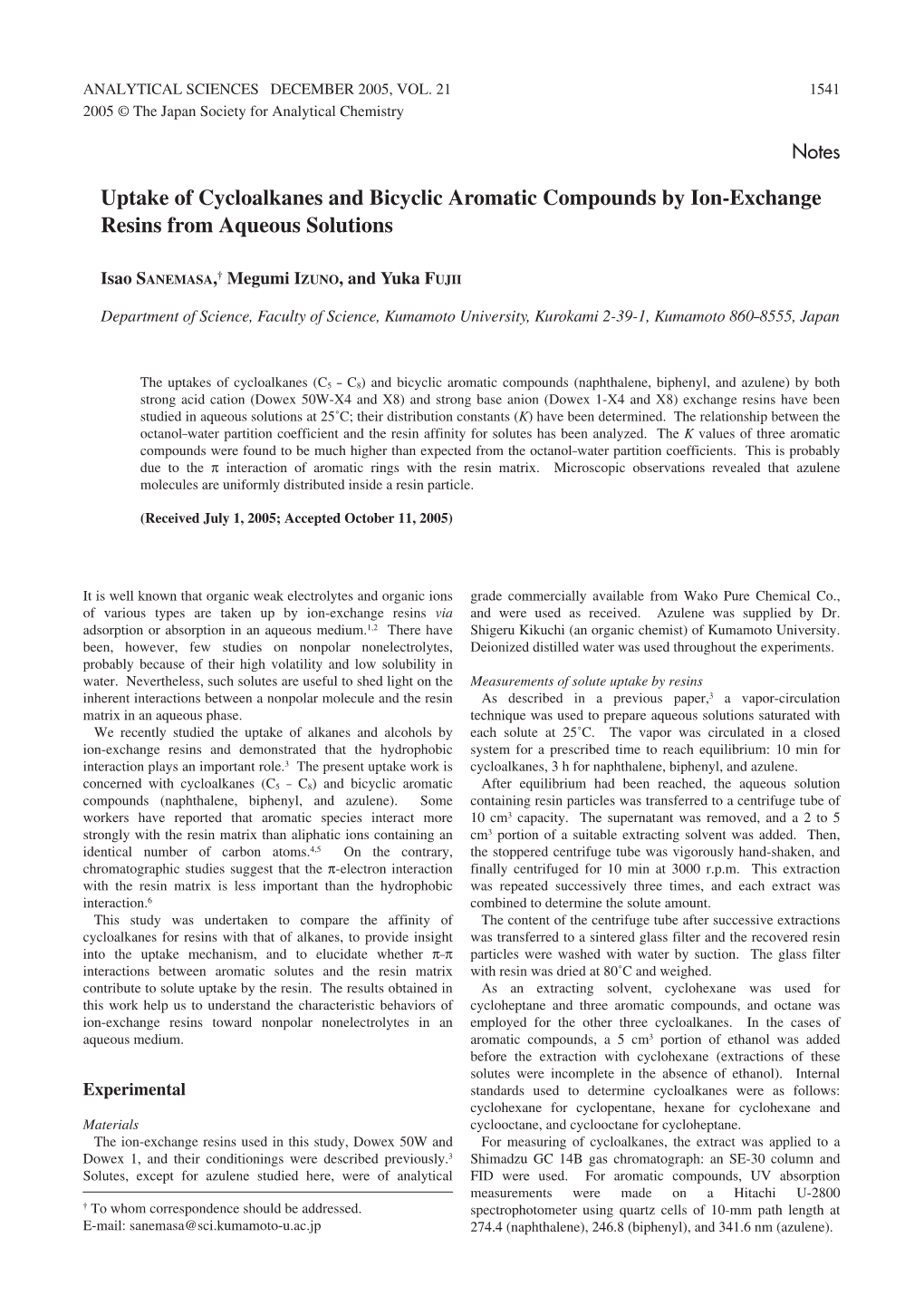 Uptake of Cycloalkanes and Bicyclic Aromatic Compounds by Ion-Exchange Resins from Aqueous Solutions