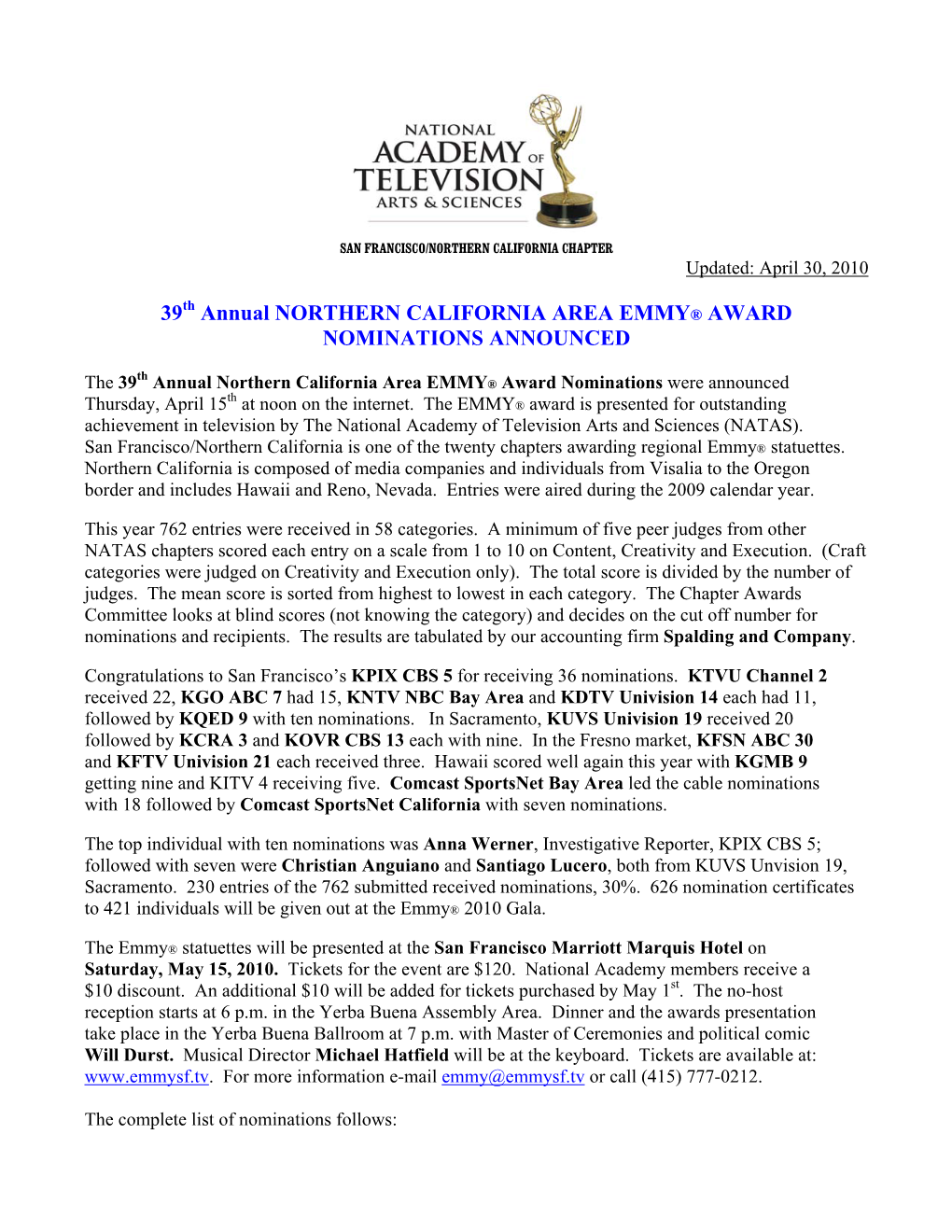 39Th Annual NORTHERN CALIFORNIA AREA EMMY