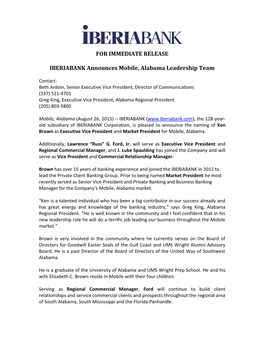 FOR IMMEDIATE RELEASE IBERIABANK Announces Mobile