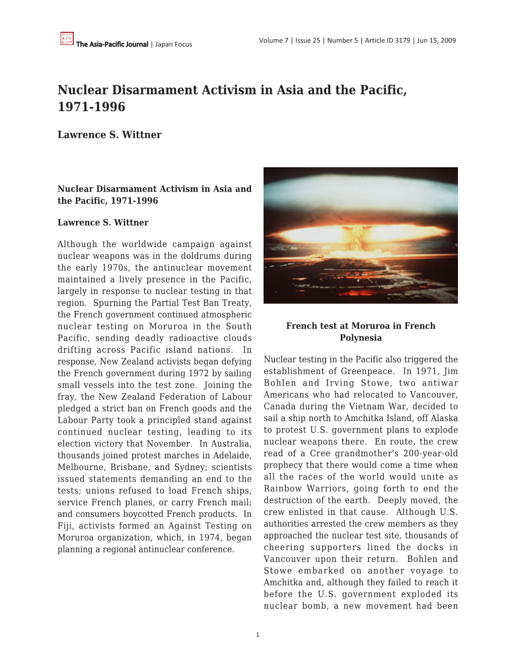 Nuclear Disarmament Activism in Asia and the Pacific, 1971-1996