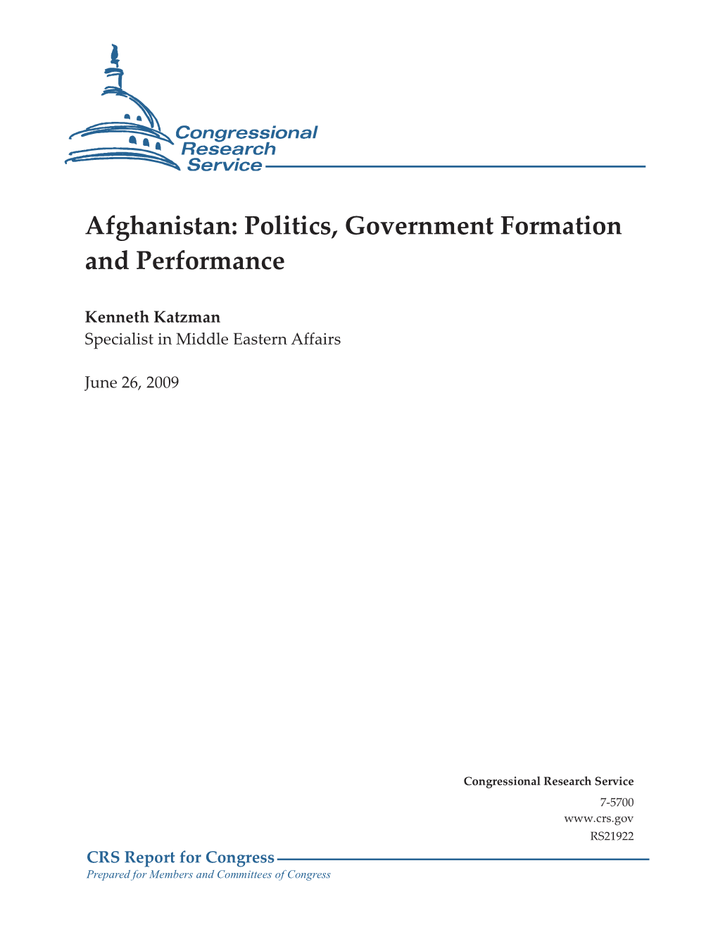 Afghanistan: Politics, Government Formation and Performance