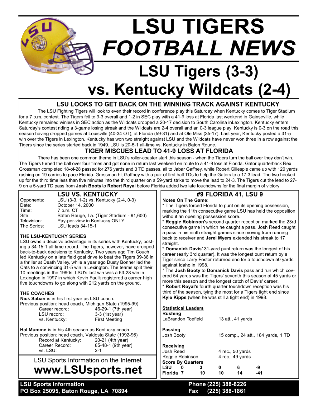 LSU TIGERS FOOTBALL NEWS LSU Tigers (3-3) Vs