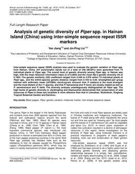 Analysis of Genetic Diversity of Piper Spp. in Hainan Island (China) Using Inter-Simple Sequence Repeat ISSR Markers