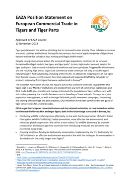 Position Statement on European Commercial Trade in Tigers and Tiger Parts