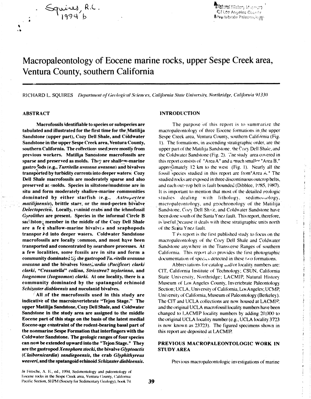 Macropaleontology of Eocene Marine Rocks, Upper Sespe Creek Area, Ventura County, Southern California