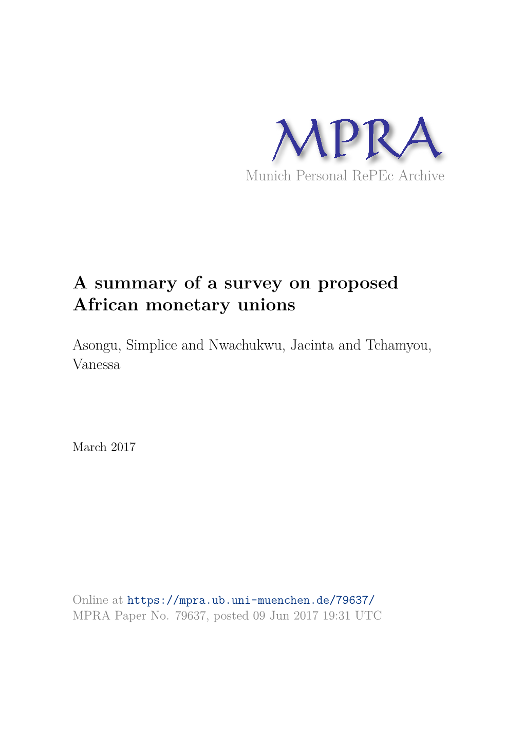 A Summary of a Survey on Proposed African Monetary Unions