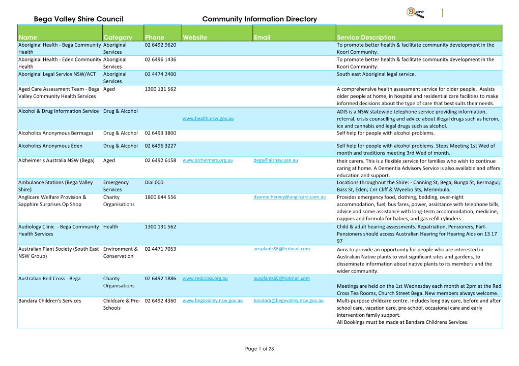 Bega Valley Shire Council Community Information Directory