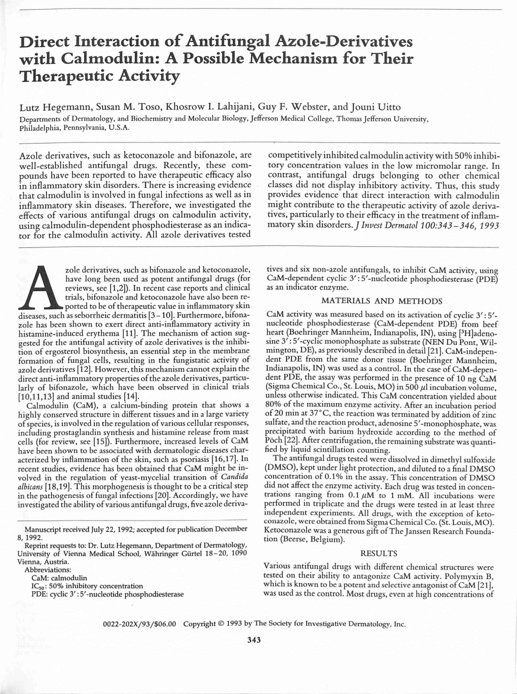 Direct Interaction of Antifungal Azole-Derivatives with Calmodulin: a Possible Mechanism for Their Therapeutic Activity