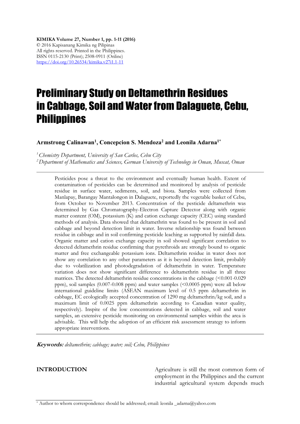 Preliminary Study on Deltamethrin Residues in Cabbage, Soil and Water from Dalaguete, Cebu, Philippines
