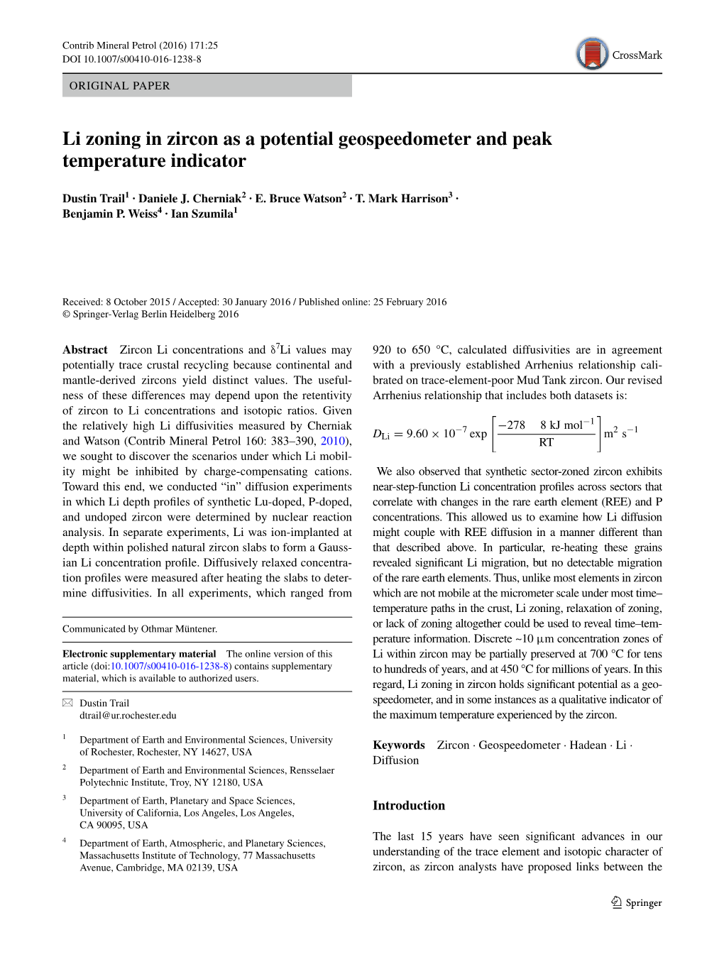 Li Zoning in Zircon As a Potential Geospeedometer and Peak Temperature Indicator