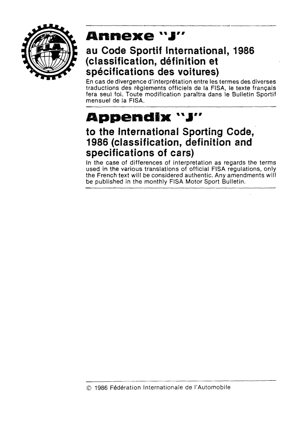 Au Code Sportif International, 1986 (Classification