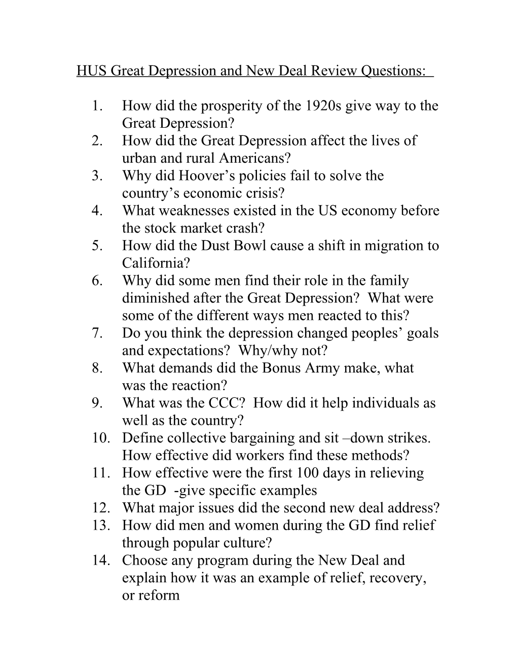 HUS Review Questions: (Without Notes)