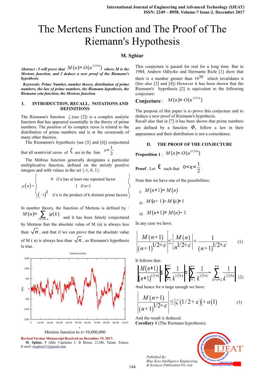 The Mertens Function and the Proof of the Riemann's Hypothesis