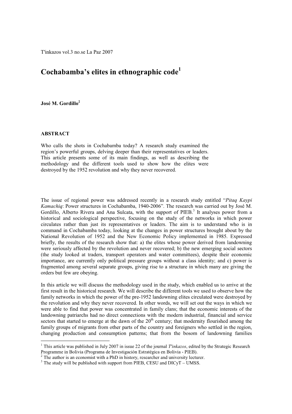 Cochabamba's Elites in Ethnographic Code