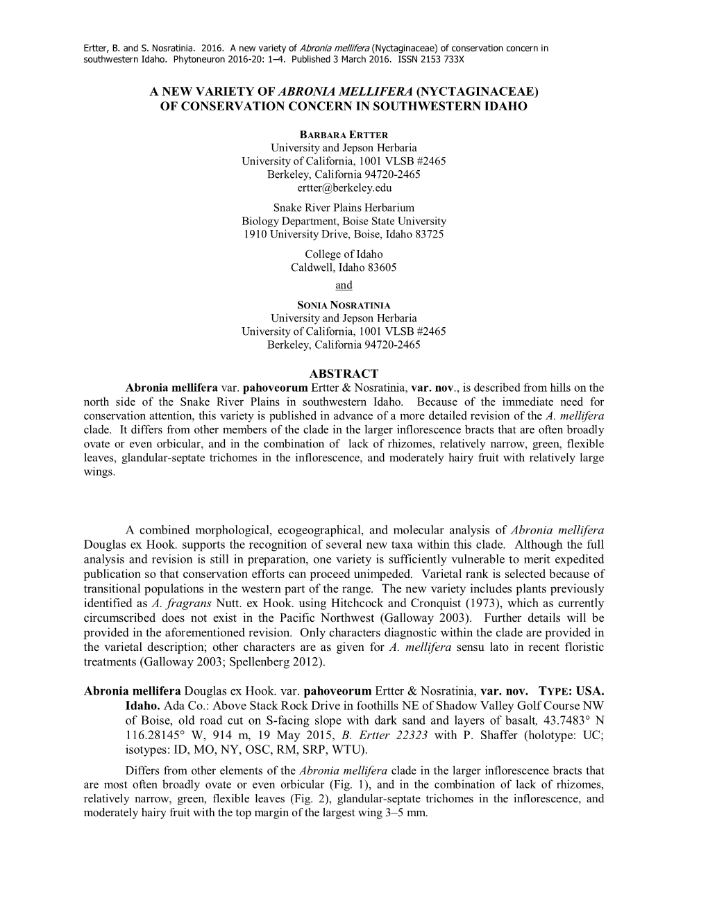 A New Variety of Abronia Mellifera (Nyctaginaceae) of Conservation Concern in Southwestern Idaho