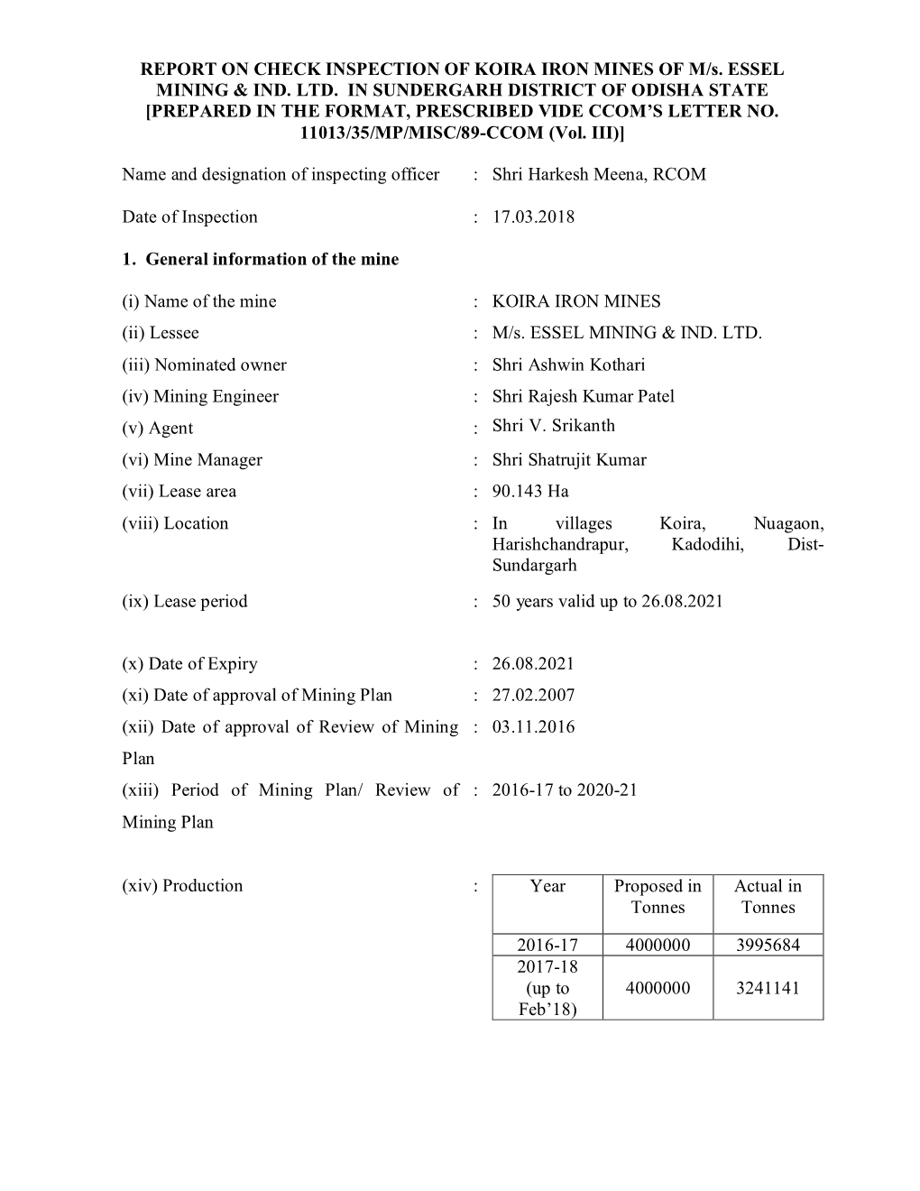 REPORT on CHECK INSPECTION of KOIRA IRON MINES of M/S