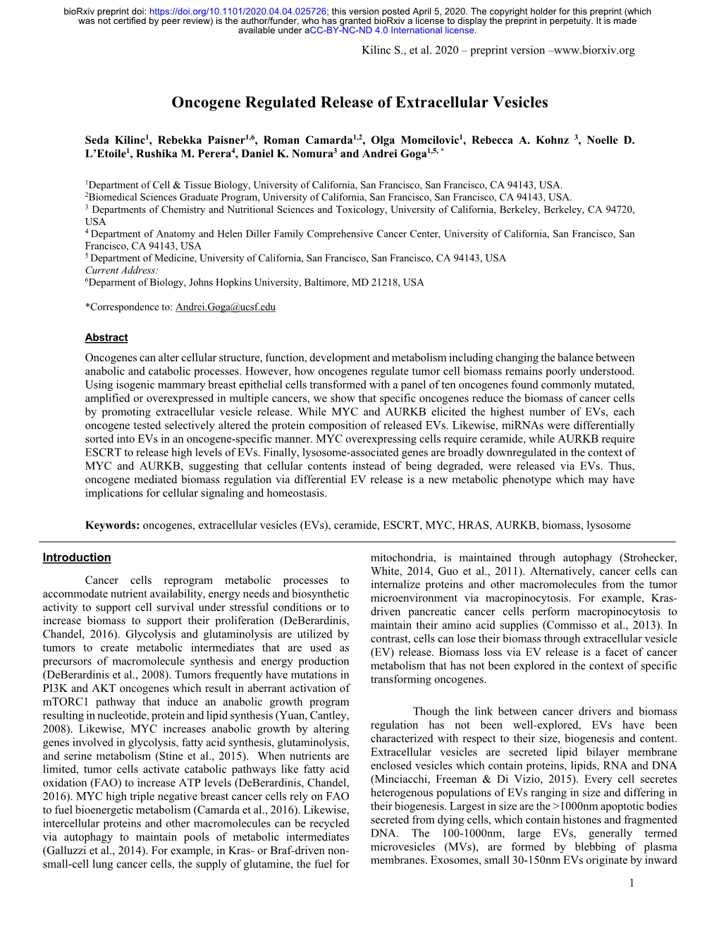 Oncogene Regulated Release of Extracellular Vesicles