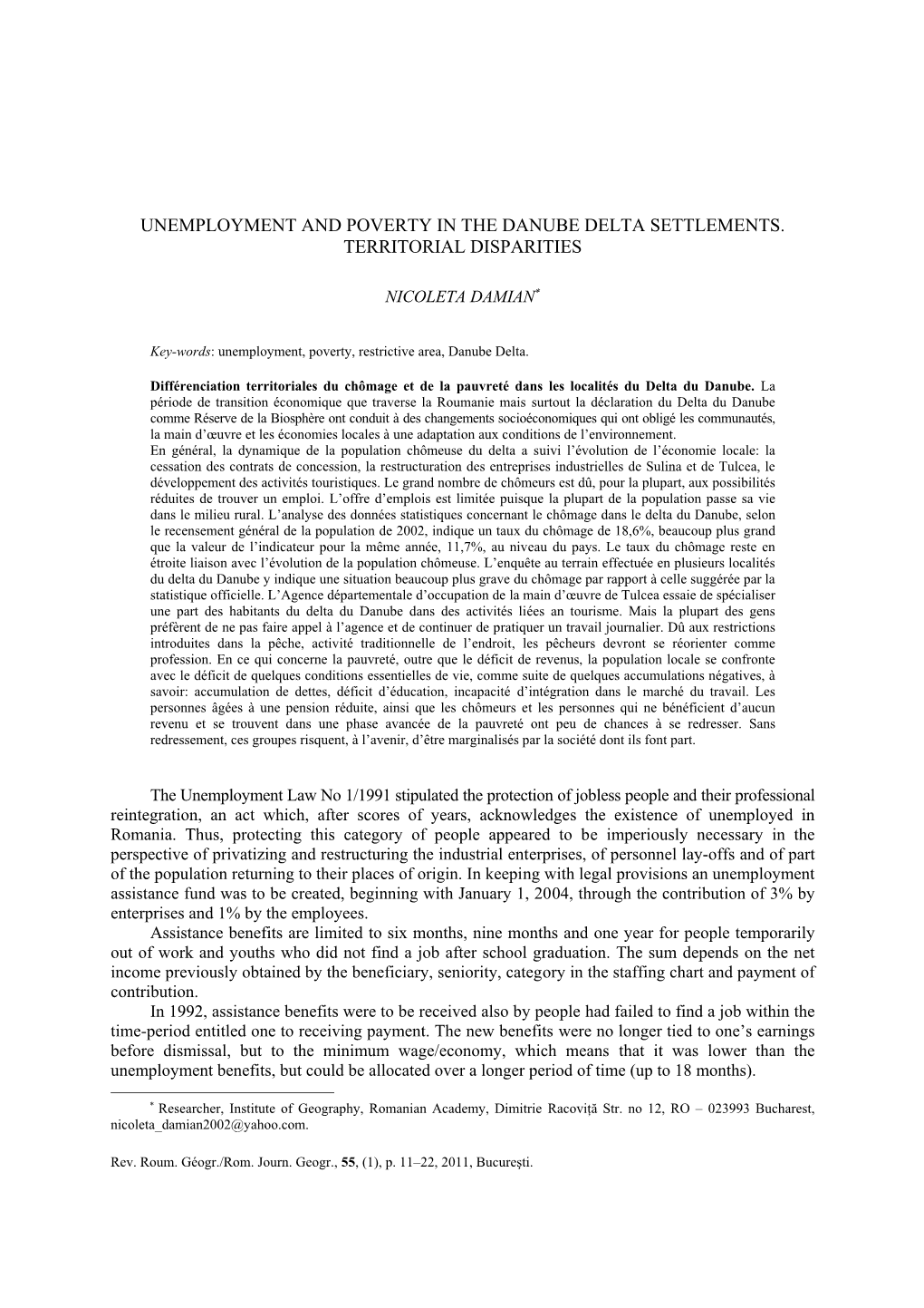 Unemployment and Poverty in the Danube Delta Settlements. Territorial Disparities