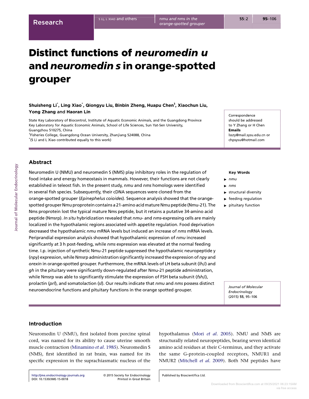 Distinct Functions of Neuromedin U and Neuromedin S in Orange-Spotted Grouper