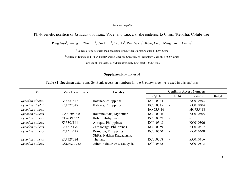 Phylogenetic Position of Lycodon Gongshan Vogel and Luo, a Snake Endemic to China (Reptilia: Colubridae)