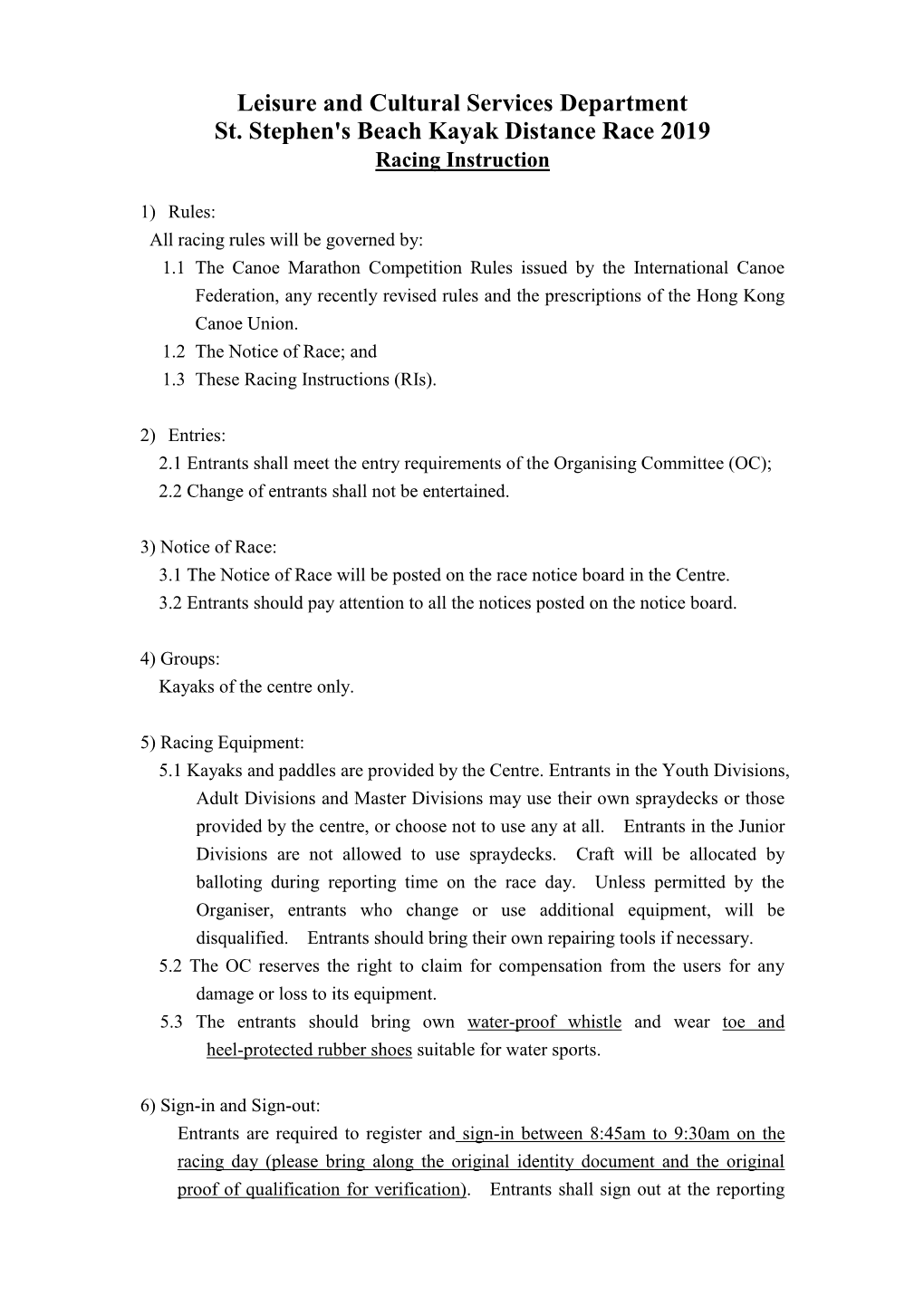 Leisure and Cultural Services Department St. Stephen's Beach Kayak Distance Race 2019 Racing Instruction