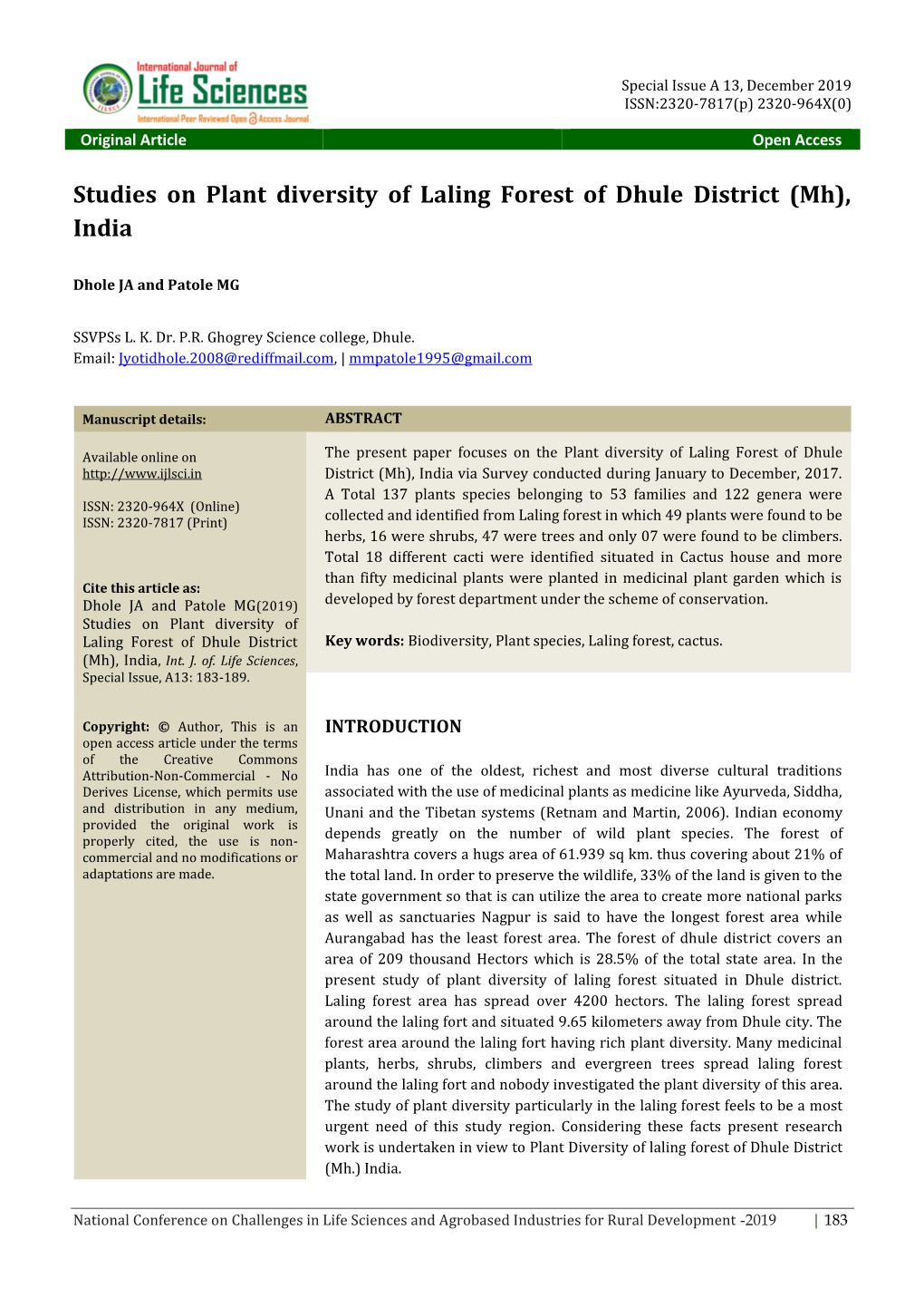 Studies on Plant Diversity of Laling Forest of Dhule District (Mh), India