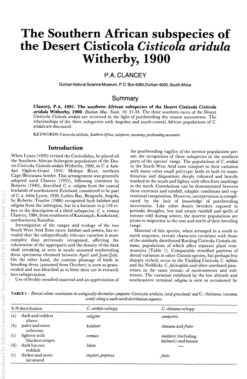 The Southern African Subspecies of the Desert Cisticola Cisticola Aridula Witherby, 1900 P.A