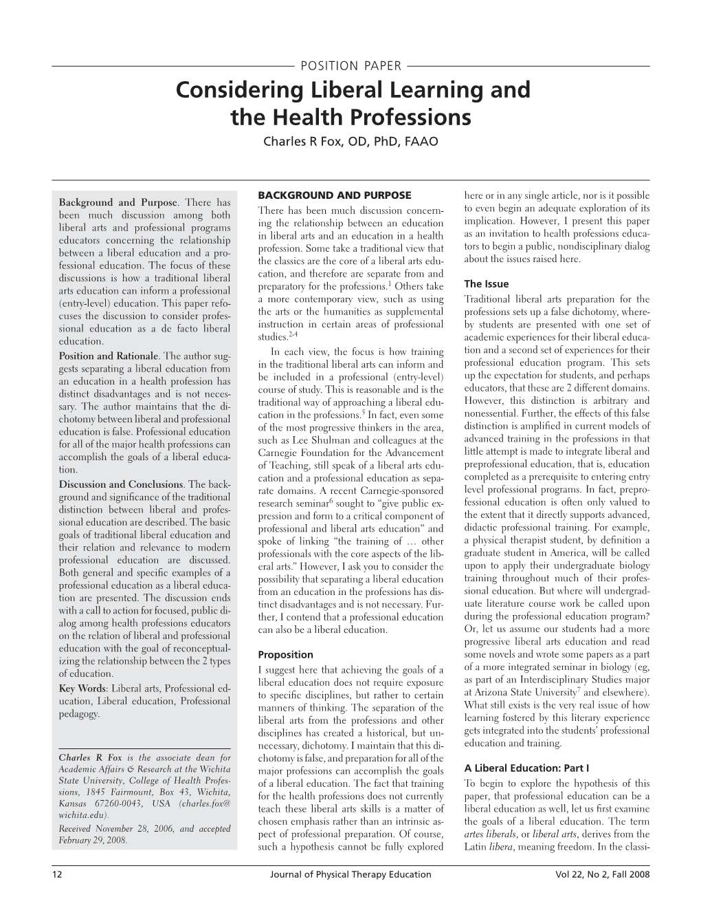 □Considering Liberal Learning and the Health Professions