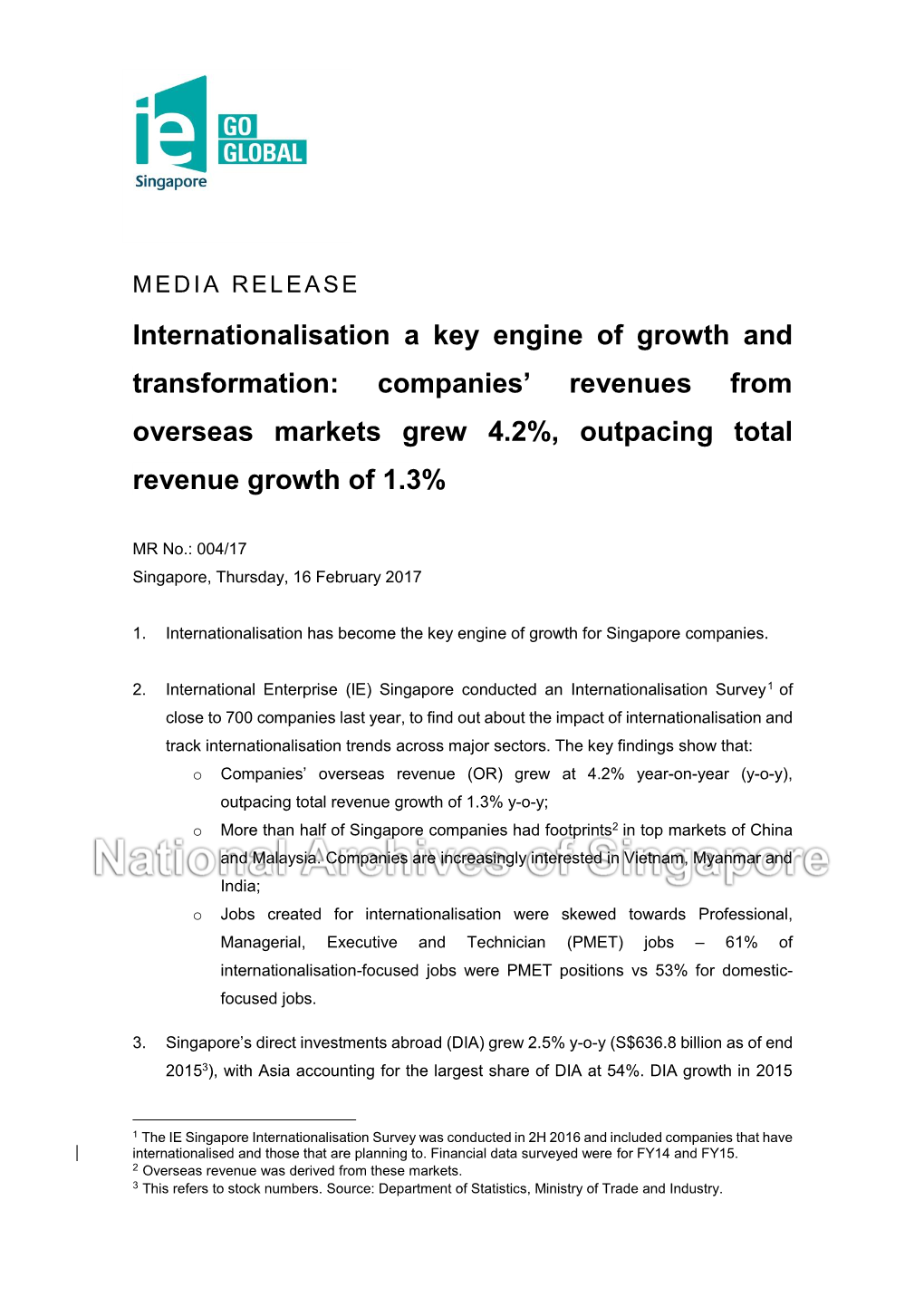 Internationalisation a Key Engine of Growth and Transformation: Companies’ Revenues from Overseas Markets Grew 4.2%, Outpacing Total Revenue Growth of 1.3%