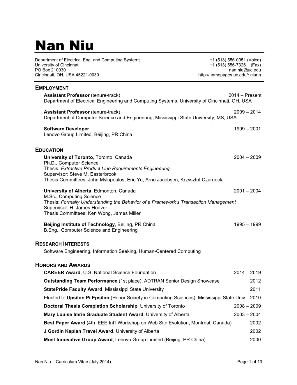 Nan Niu Department of Electrical Eng