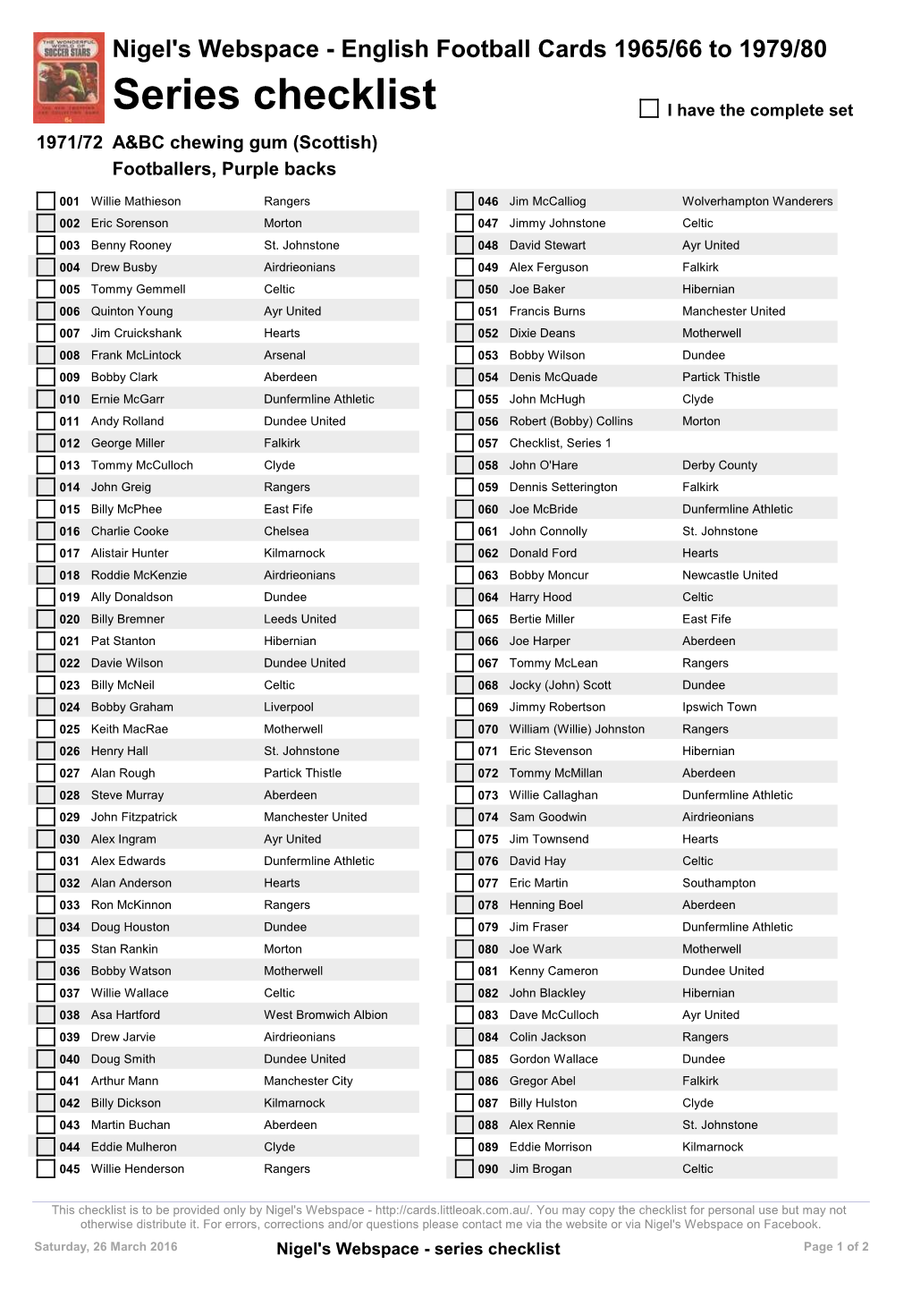 Series Checklist I Have the Complete Set 1971/72 A&BC Chewing Gum (Scottish) Footballers, Purple Backs