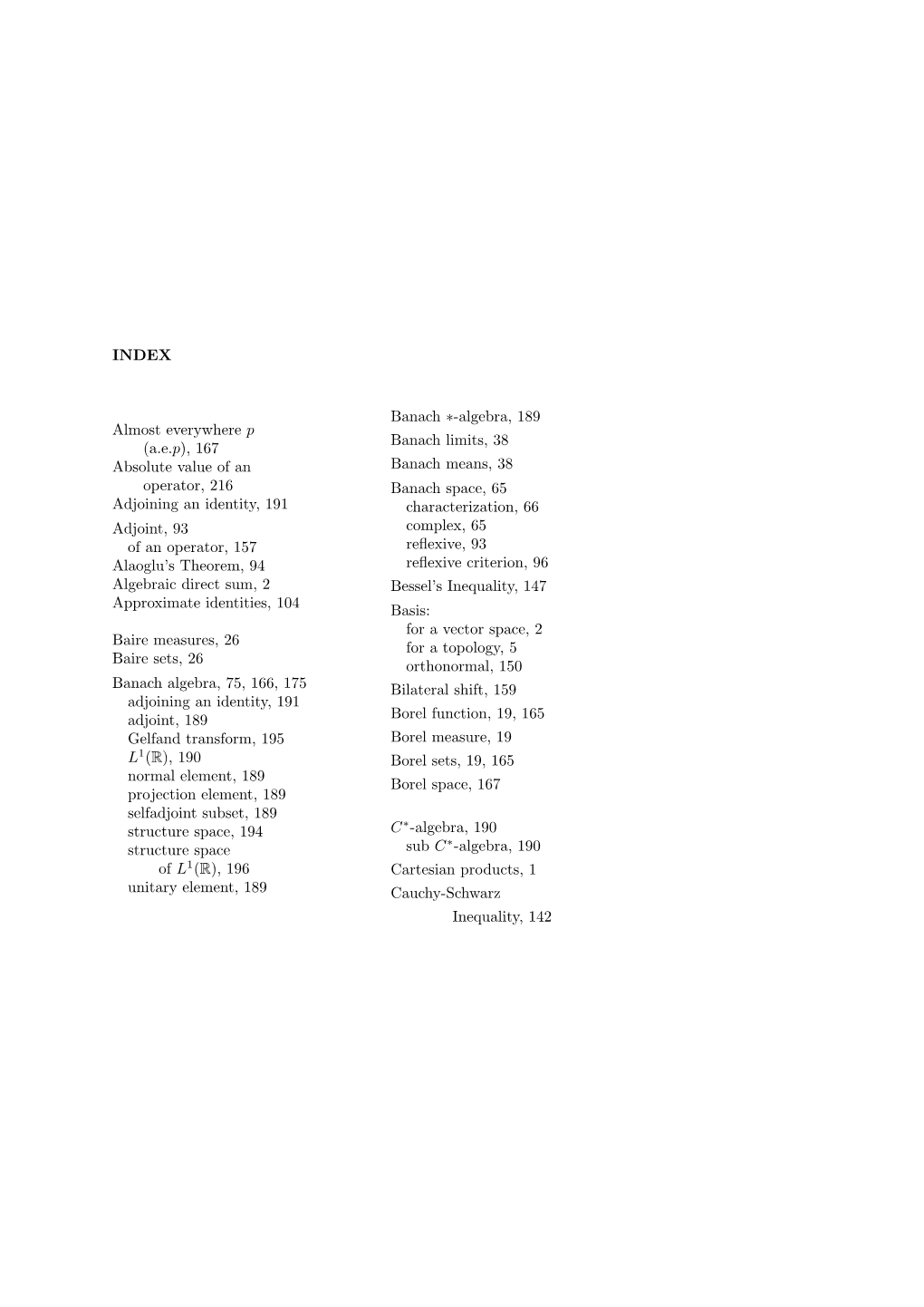 INDEX Almost Everywhere P (A.E.P), 167 Absolute Value of an Operator, 216 Adjoining an Identity, 191 Adjoint, 93 of an Operator