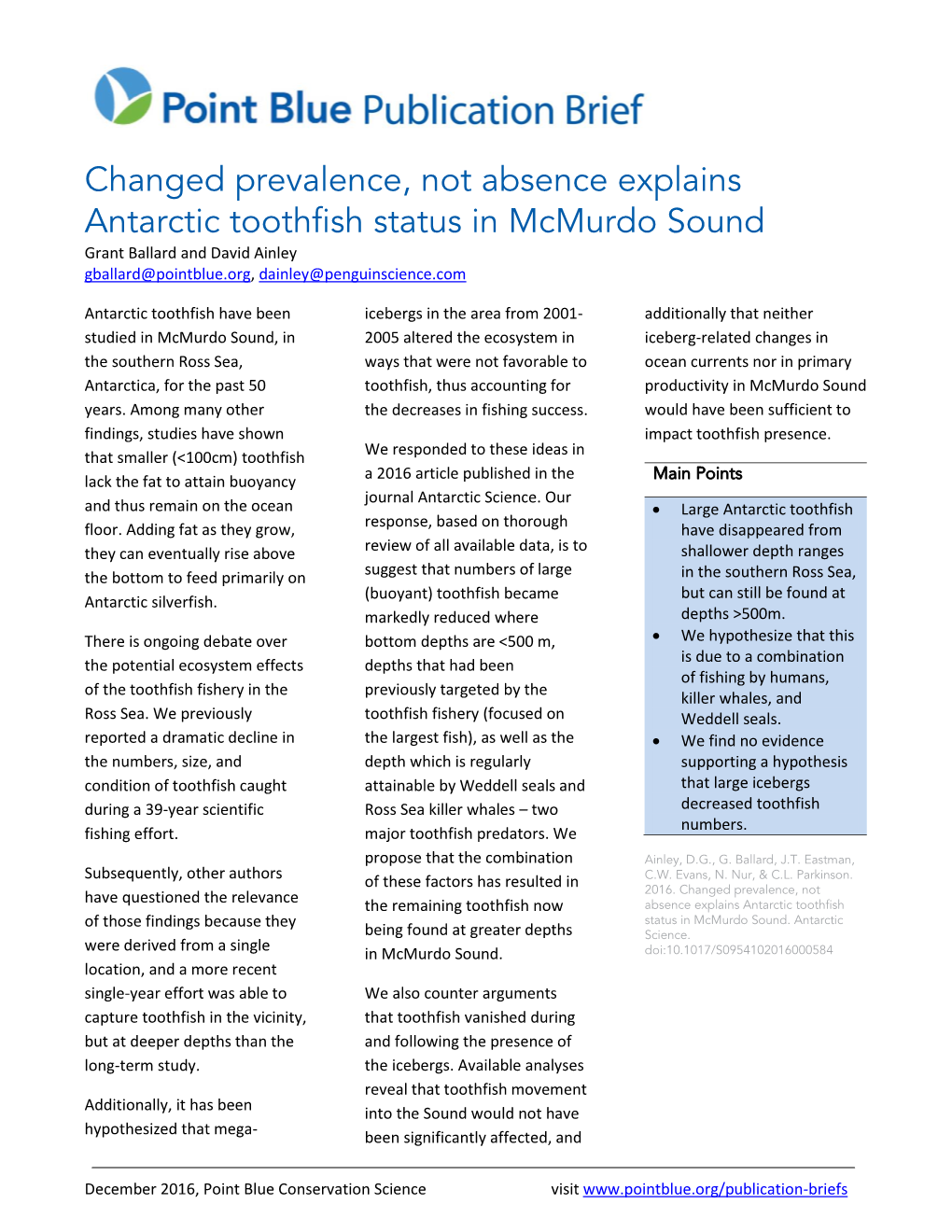 Changed Prevalence, Not Absence Explains Antarctic Toothfish Status in Mcmurdo Sound