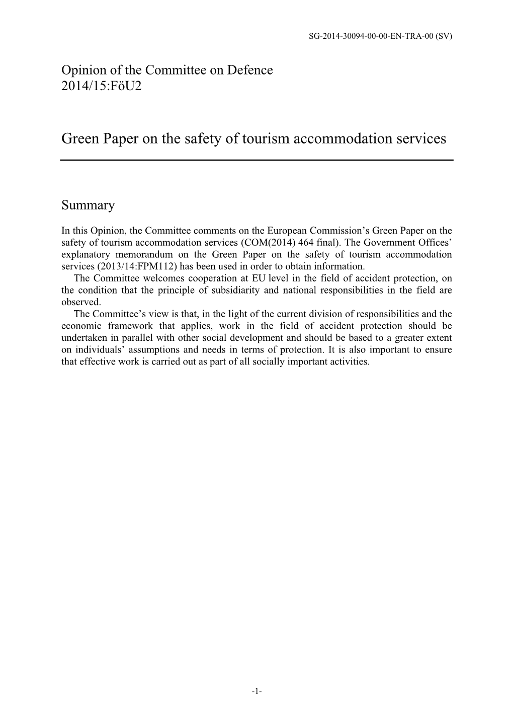 Green Paper on the Safety of Tourism Accommodation Services