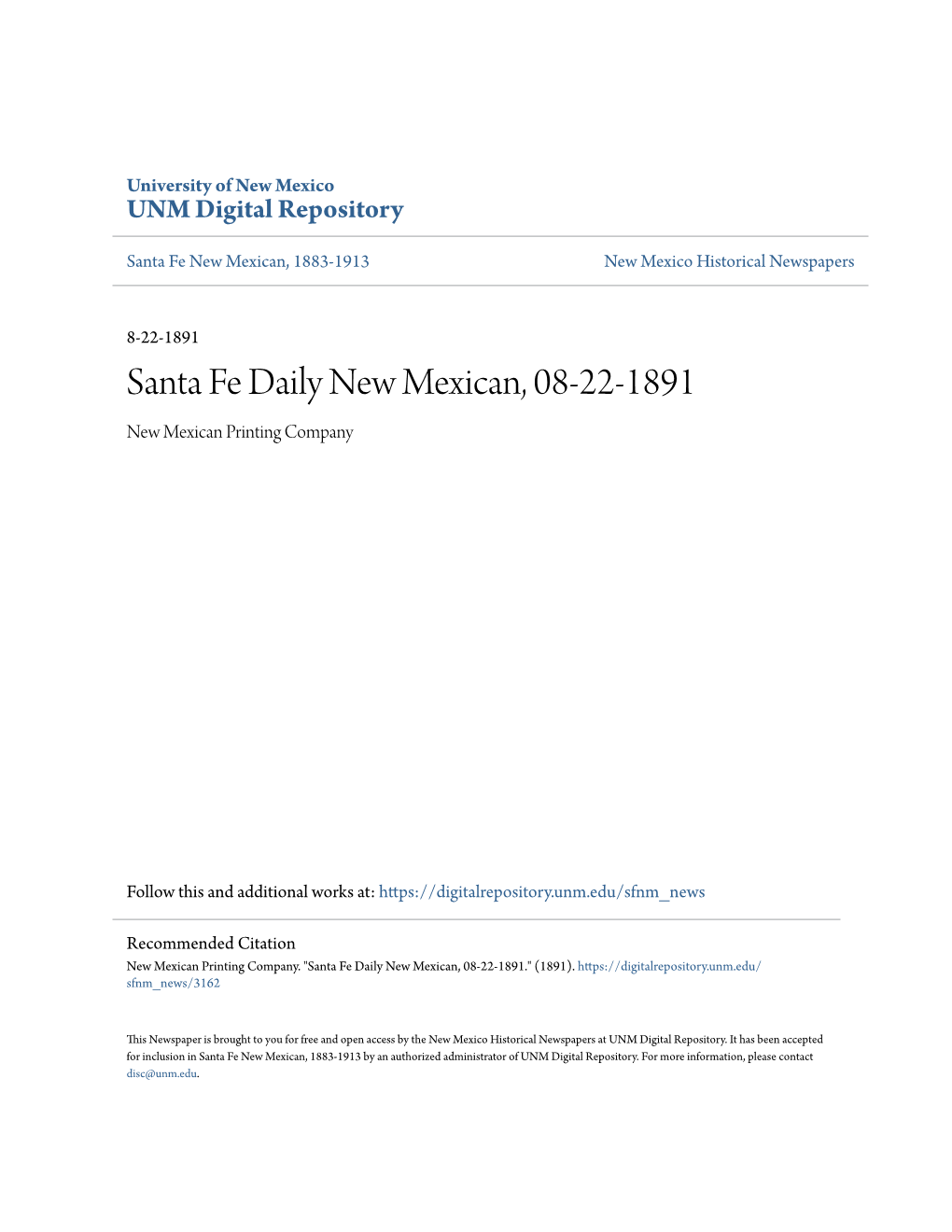 Santa Fe Daily New Mexican, 08-22-1891 New Mexican Printing Company