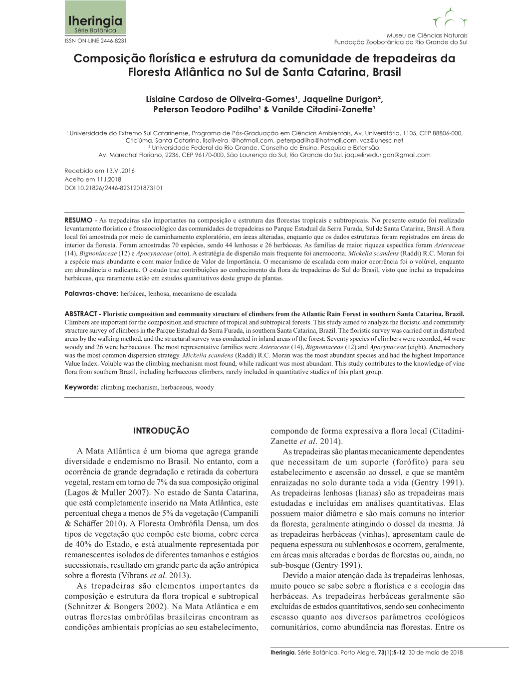 Iheringia, Série Botânica, Porto Alegre, 73(1):5-12, 30 De Maio De 2018