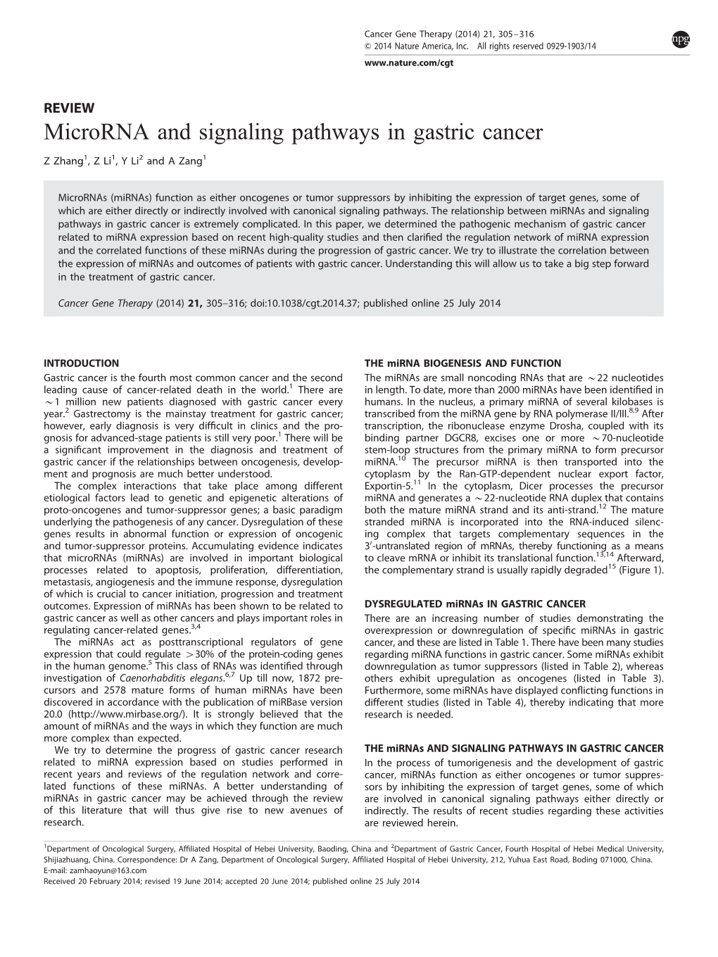 Microrna and Signaling Pathways in Gastric Cancer