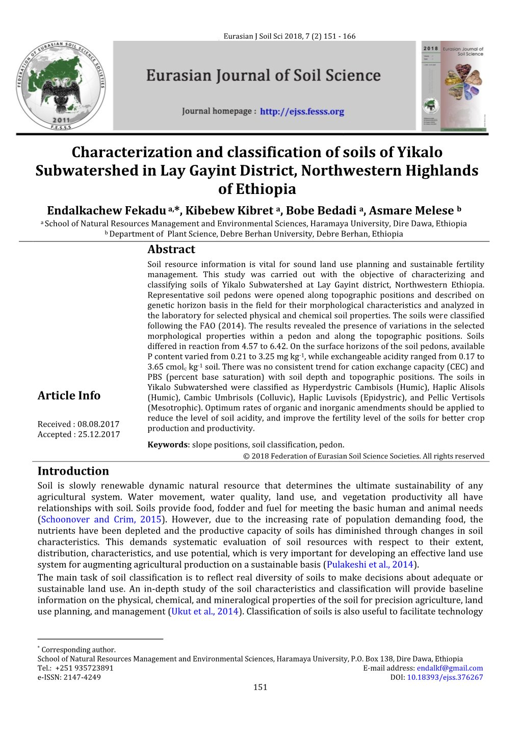 Characterization and Classification of Soils of Yikalo Subwatershed in Lay