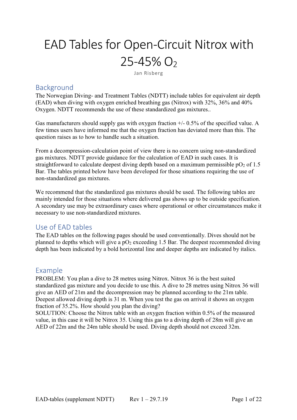 EAD Tables for Open-Circuit Nitrox with 25-45% O2