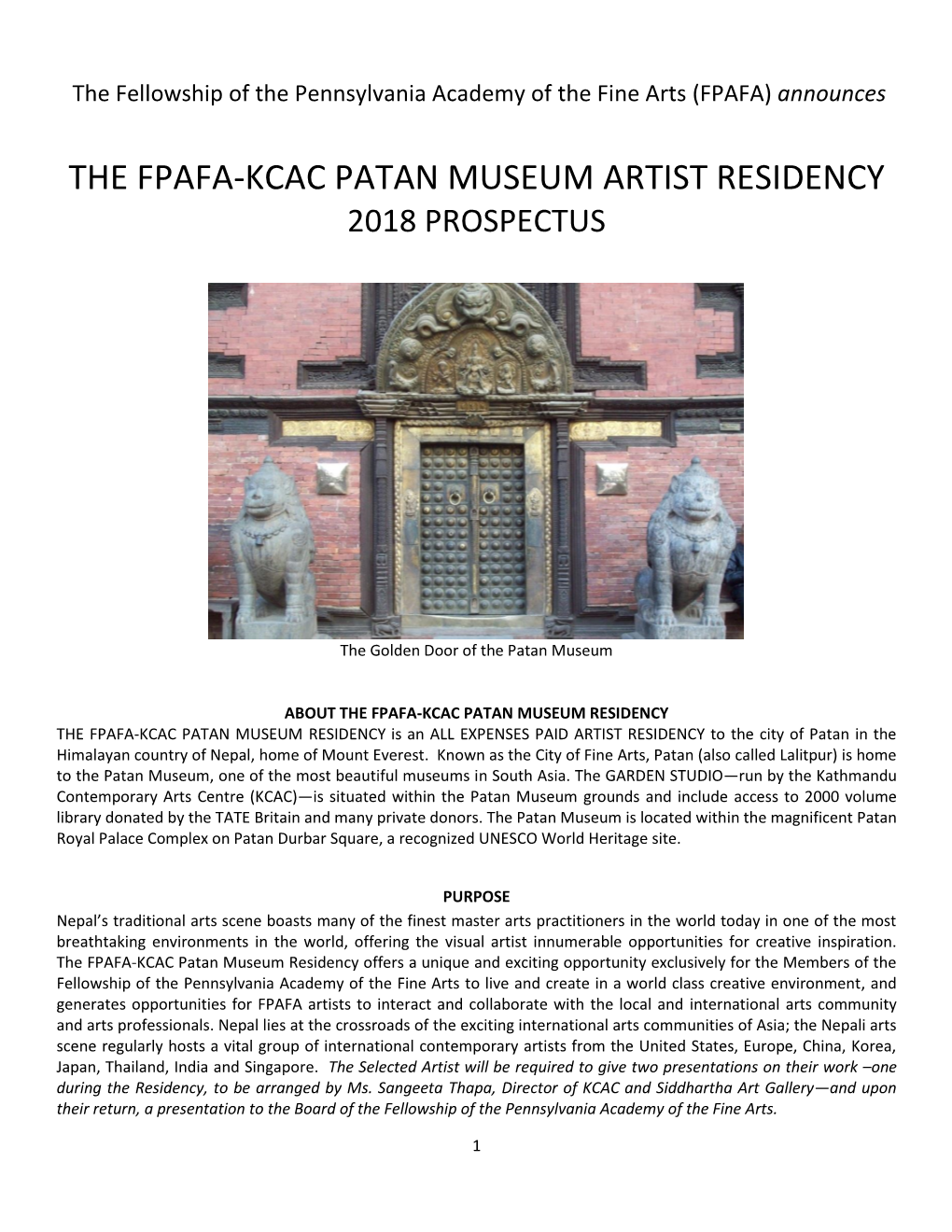 The Fpafa-Kcac Patan Museum Artist Residency 2018 Prospectus