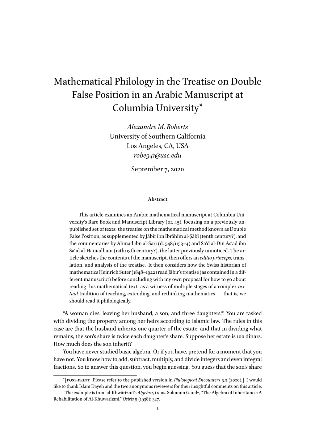 Mathematical Philology in the Treatise on Double False Position in an Arabic Manuscript at Columbia University*