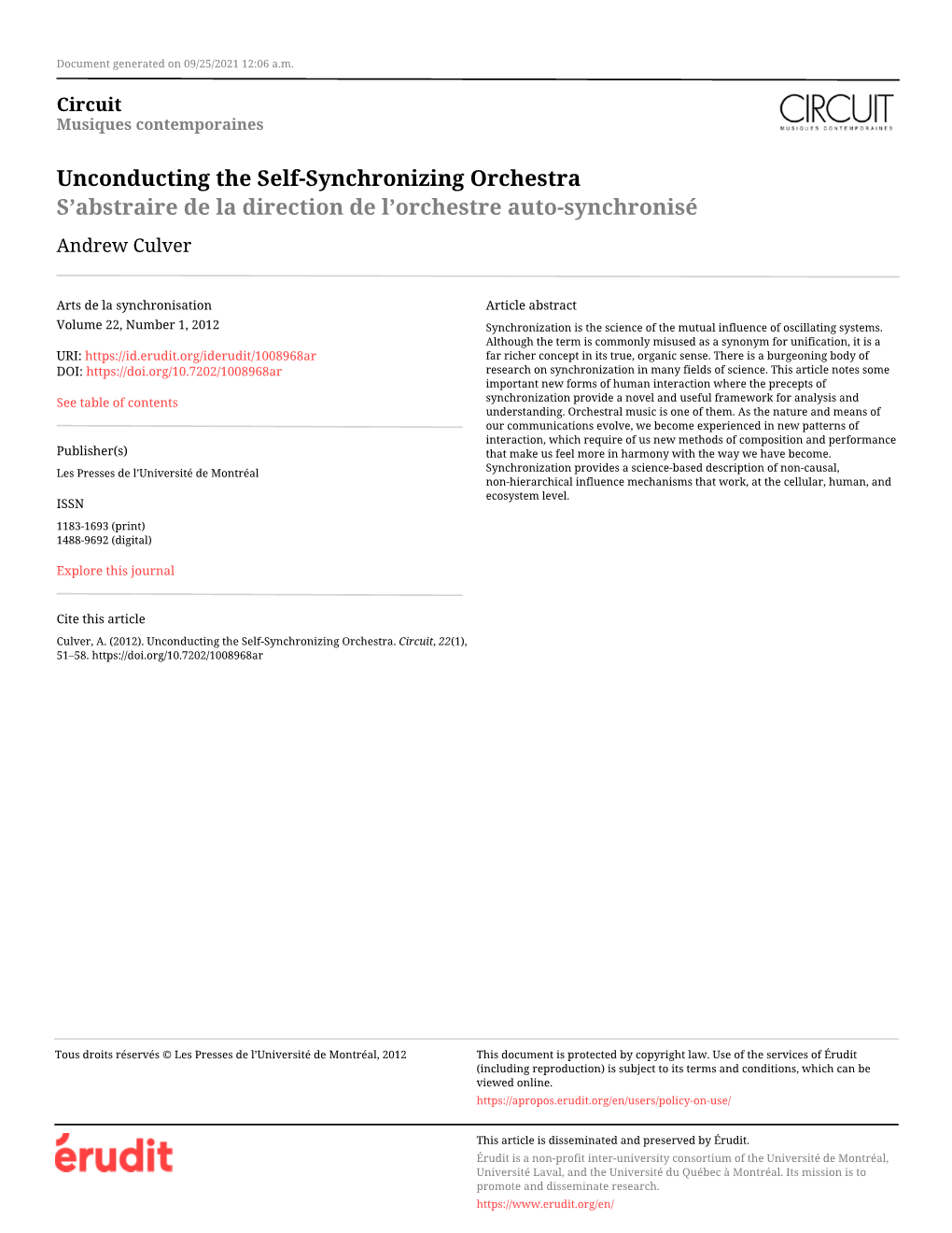 Unconducting the Self-Synchronizing Orchestra S’Abstraire De La Direction De L’Orchestre Auto-Synchronisé Andrew Culver