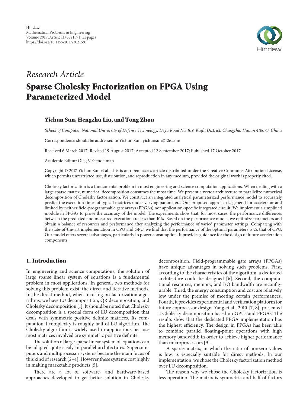 Sparse Cholesky Factorization on FPGA Using Parameterized Model