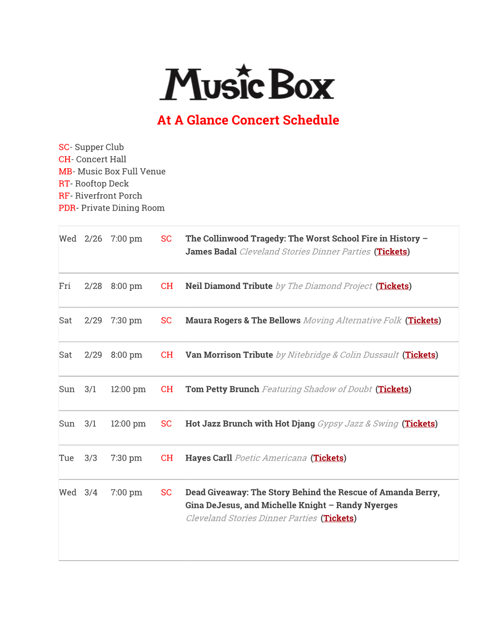 At a Glance Concert Schedule