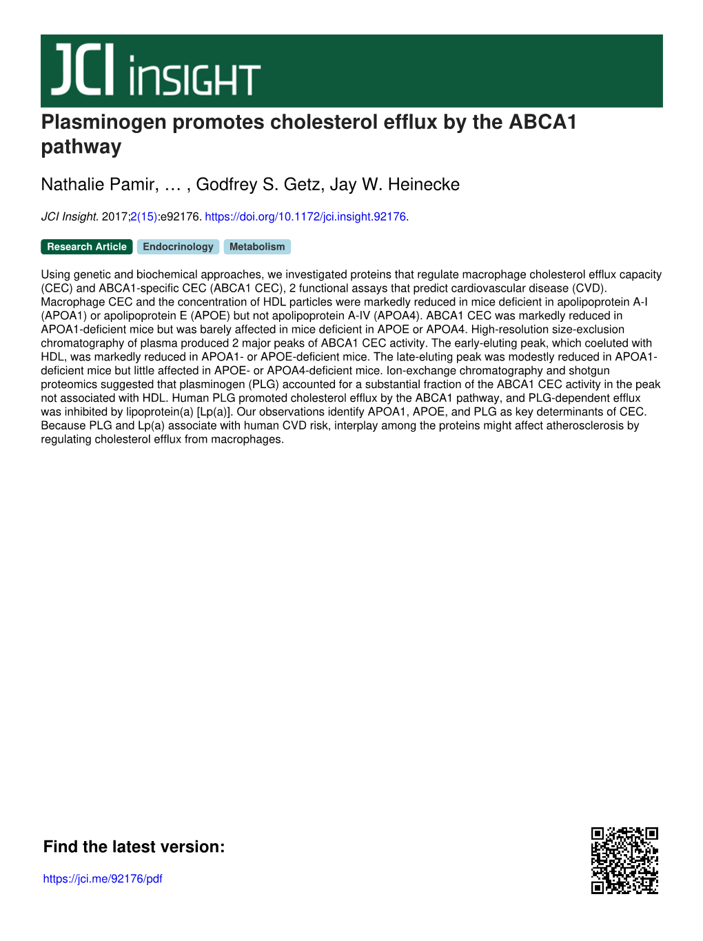 Plasminogen Promotes Cholesterol Efflux by the ABCA1 Pathway