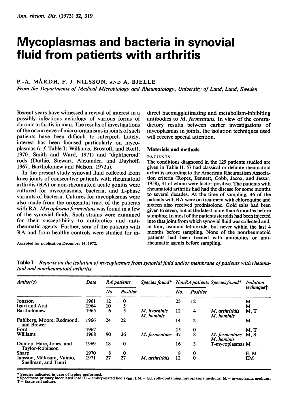 Mycoplasmas and Bacteria in Synovial Fluid from Patients with Arthritis