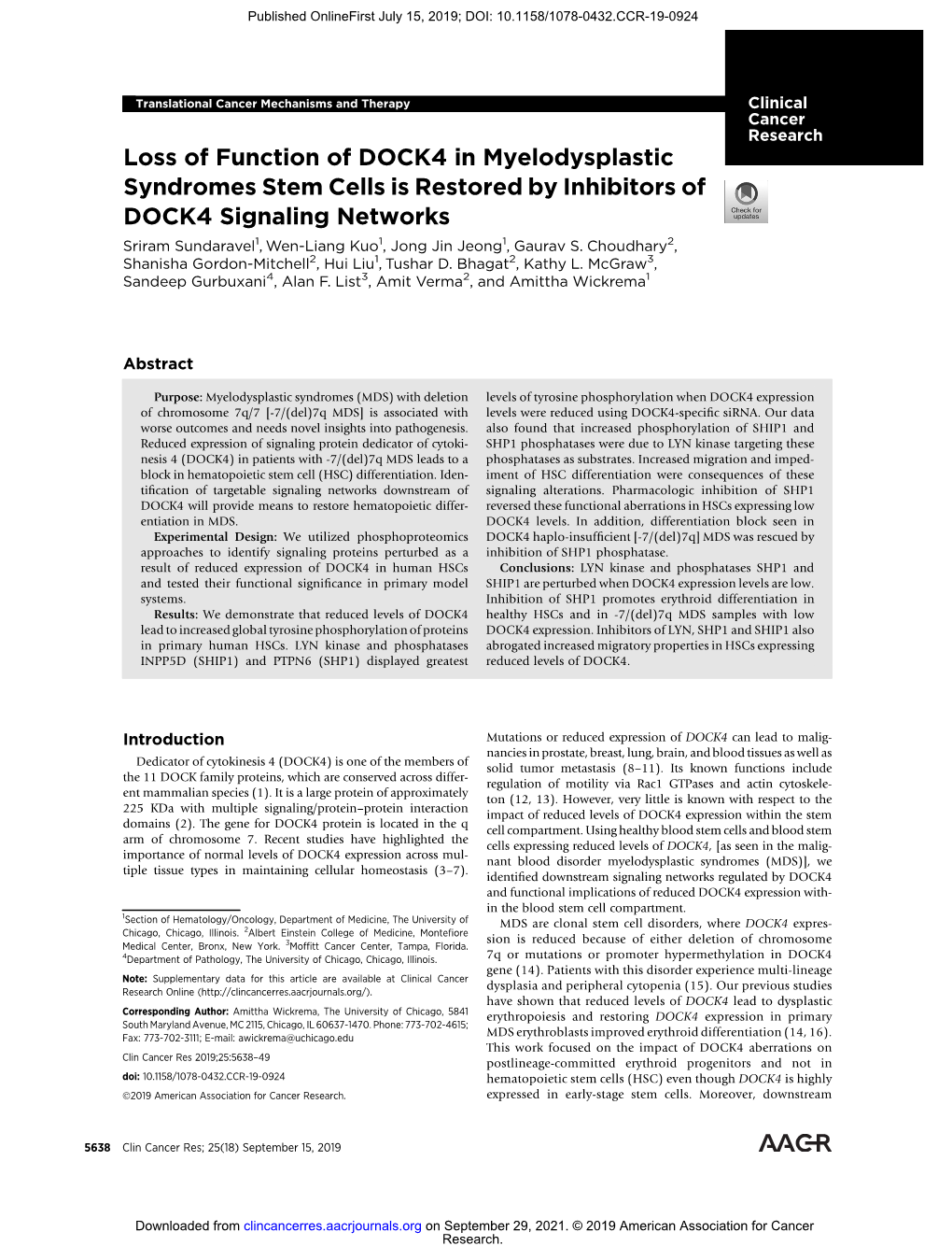 Loss of Function of DOCK4 in Myelodysplastic Syndromes Stem