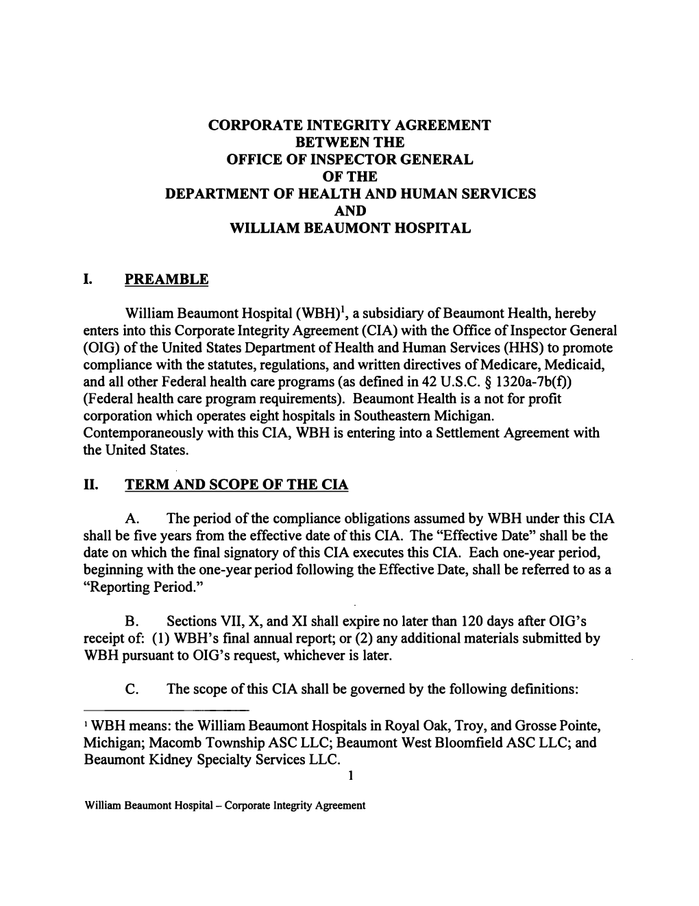 William Beaumont Hospital Corporate Integrity Agreement