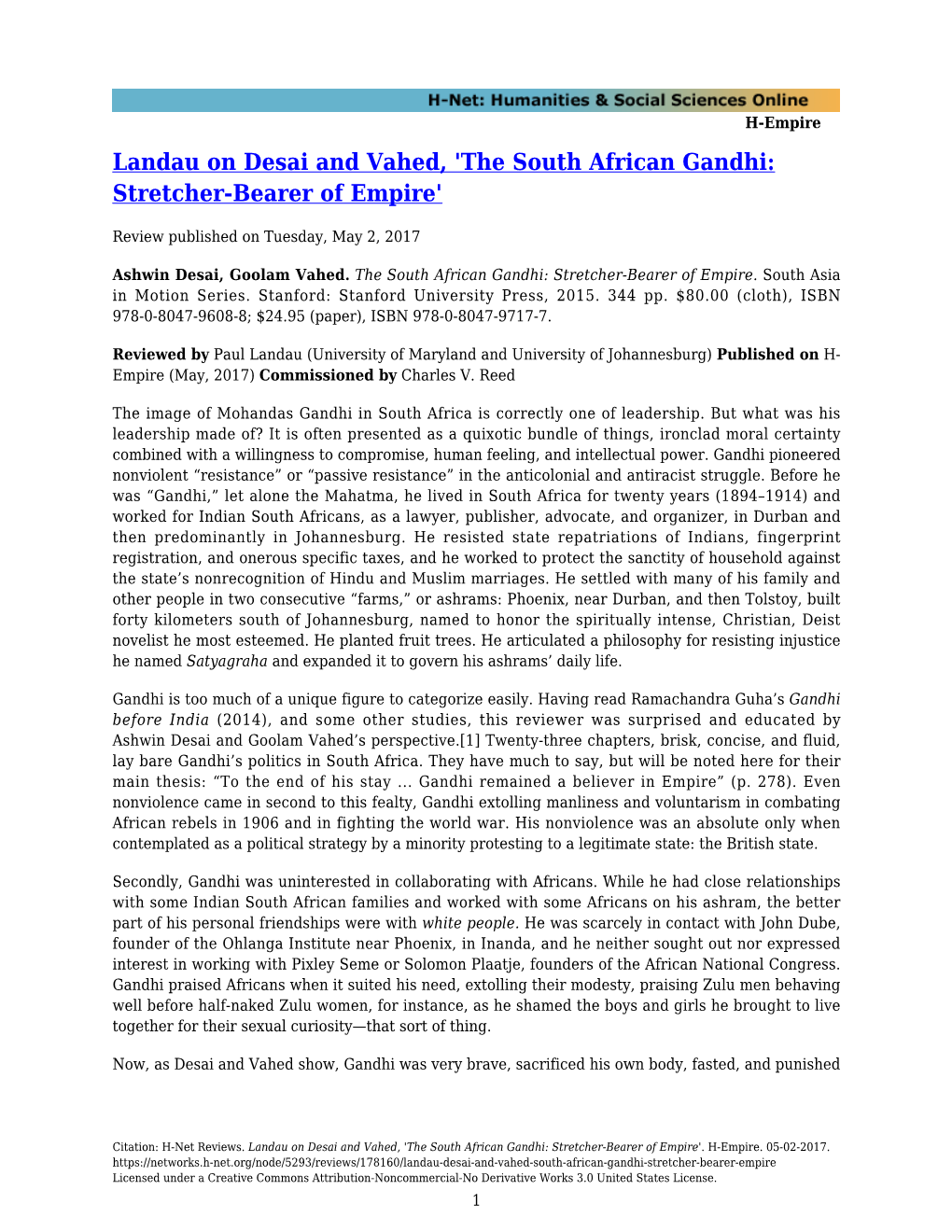 Landau on Desai and Vahed, 'The South African Gandhi: Stretcher-Bearer of Empire'
